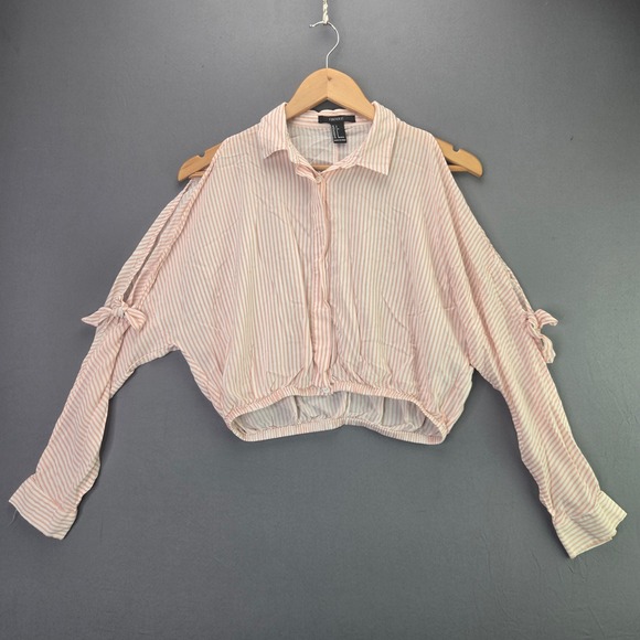 Forever 21 Tops - Forever 21 Blouse Cold Shoulder Cropped Striped S Pink White Button Up Tie Slv